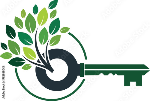 a vibrant logo design features a key shape organically integrated with lush green foliage symbolizing growth and unlocking potential high quality