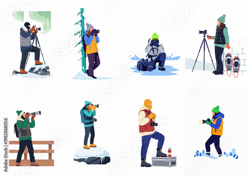 Collection of photographers capturing winter landscapes and nature scenes in cold weather conditions, featuring professional equipment and warm outdoor clothing.