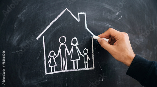 Hand drawing a chalk family inside a house outline on a blackboard