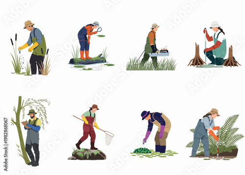 A collection of flat design illustrations showing various environmental scientists and researchers conducting field studies in wetland and aquatic ecosystems.