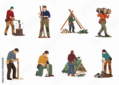 Set of flat vector illustrations depicting people engaged in various bushcraft and outdoor survival activities like chopping wood, building shelters, and carving wood.