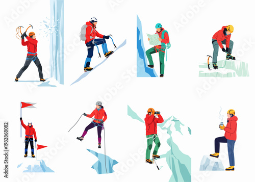 Flat illustration set of mountain climbers and alpinists engaged in ice climbing, summiting peaks, using gear, and navigating snowy landscapes on a white background.