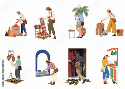 Set of flat vector illustrations depicting tourists exploring a traditional Middle Eastern market, buying souvenirs, spices, and enjoying local food and culture.