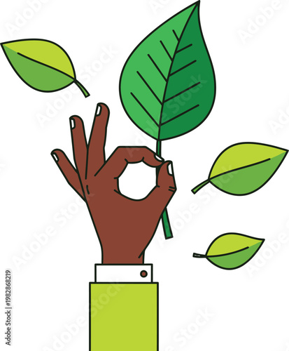 An illustration depicts a hand making an okay gesture amidst falling green leaves symbolizing approval of nature and environmental consciousness