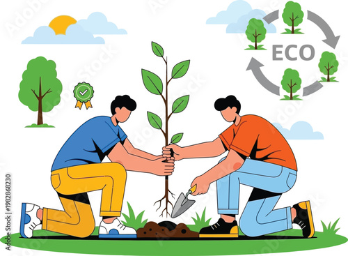 Two individuals are collaboratively planting a young tree seedling in a vibrant outdoor setting promoting ecological growth and sustainability high quality