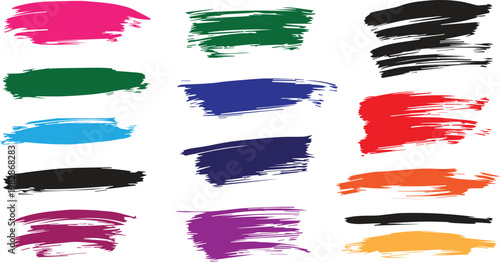 Set of abstract colorful paint brush strokes and hand drawn ink textures isolated on white background for creative design projects.