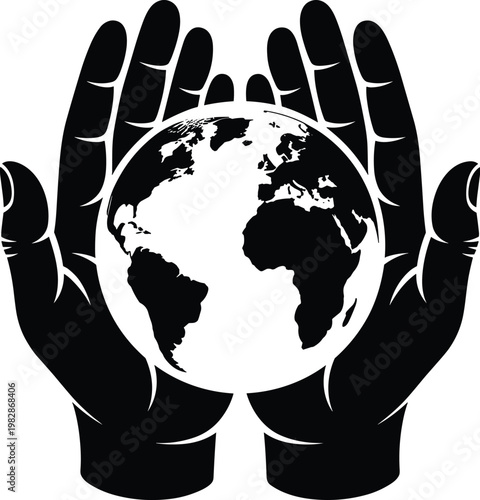 Black and white illustration of two hands gently holding the planet earth