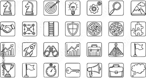 Business Strategy Icons Black Line Art: Chess Knight, Target, Lightbulb, Gears, Magnifying Glass, Mountains, Handshake, Network, Ladder, Shield, Compass, Maze, Puzzle
