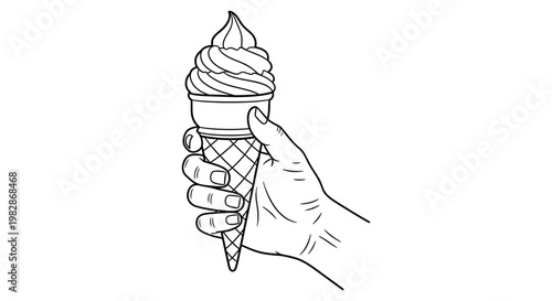 Hand holding vanilla soft serve ice cream cone outline drawing