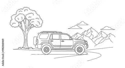 SUV vehicle parked near tree and mountains on winding road illustration