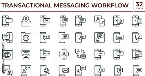 Transactional messaging workflow outline icon set mobile notification chat communication SMS message delivery interface vector symbols