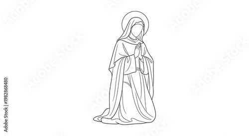 Kneeling praying woman in religious robe halo outline illustration