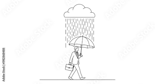 Man with umbrella walking in rain under cloud illustration