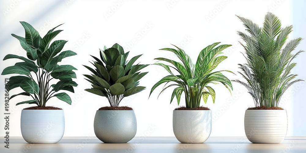 Fototapeta premium Four healthy potted houseplants in ceramic planters on a bright white surface, fresh green foliage and a calm minimalist feel