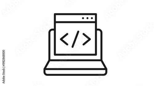 Web development and programming vector icon illustration featuring a laptop computer with a browser window displaying a code symbol, ideal for software engineering, web design, and tech concepts.