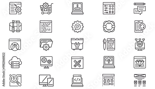 25 Black Vector Icon Set Collection Bundle featuring Web Development, IT Support, Software Settings, Cloud Computing, E-commerce, SEO, Responsive Design, Programming, and Technical Maintenance.