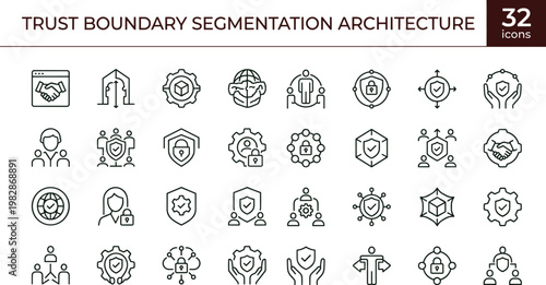 Trust boundary segmentation architecture outline icon set security perimeter zones identity protection layers access boundary governance vector symbols