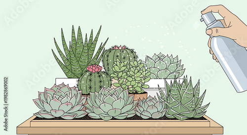 Gardening illustration showing a hand misting a collection of various succulent plants in a planter box