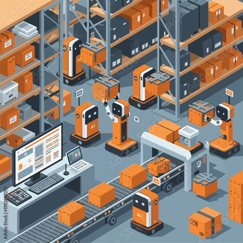 Multiple mobile warehouse AI robots, resembling sleek, flat pods, are navigating a maze of high shelves, lifting and transporting labeled containers with efficiency. An automated conveyor belt 