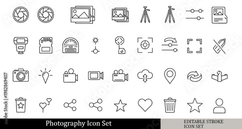 black and white photography icon set, camera lens, photo gallery, tripod stand, photo editing icons, outline vector icons, isolated on white background, simple line style, 30 icons .Editable stroke.