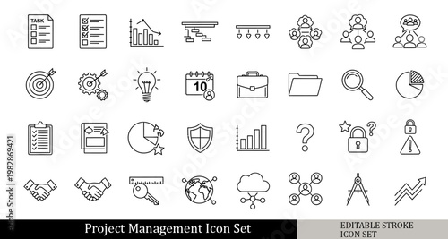 black and white project management icon set, task checklist, gantt chart, project timeline, team collaboration icons, outline vector icons, isolated on white background, simple line.Editable stroke.
