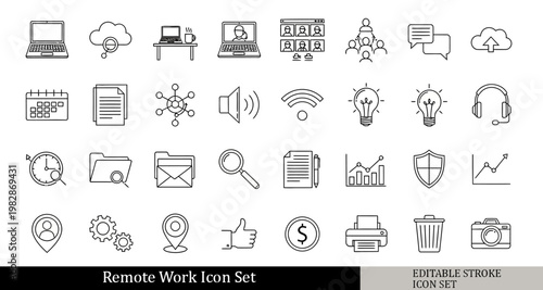 black and white remote work icon set, home office laptop, video meeting, remote team collaboration icons, outline vector icons, isolated on white background, simple line style, 30 .Editable stroke.