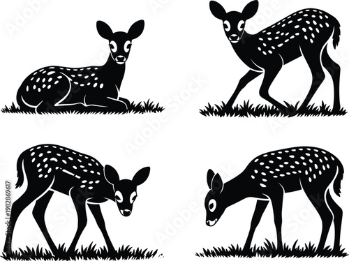Deer silhouettes set, young fawn animals in different poses, wildlife nature vector illustration collection