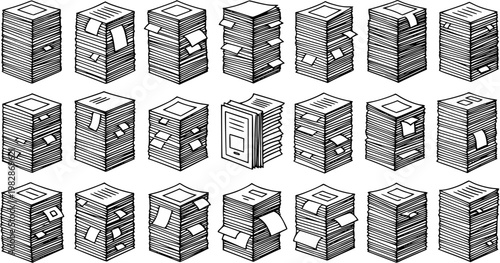 Office Paperwork Stacks Line Art. Hand-drawn Black and White Documents, Files, and Reports Icons for Business, Administration, and Bureaucracy Concepts.