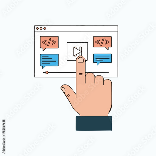 Hand touching a digital interface screen containing code snippets and a media player navigation button for interactive viewing