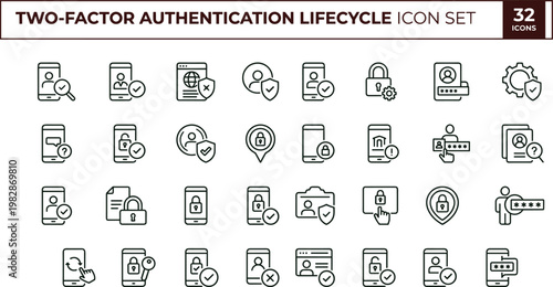 Two factor authentication lifecycle outline icon set MFA verification secure login identity access management workflow vector symbols