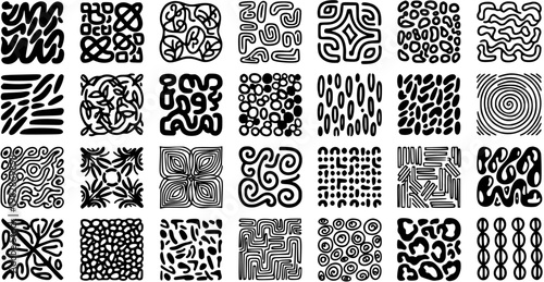 Abstract Hand-Drawn Black and White Patterns Collection. Doodle Art Textures, Organic Shapes, and Geometric Designs for Modern Graphic Design.