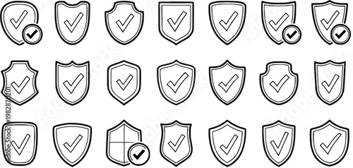 Set of shield icons with checkmarks, security and approval symbol, line art, vector