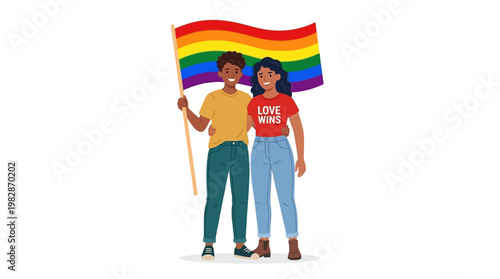 LGBTQ couple with rainbow flag.