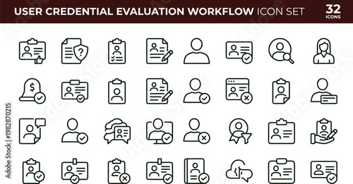User credential evaluation workflow outline icon set identity screening profile verification approval decision validation pipeline vector symbols