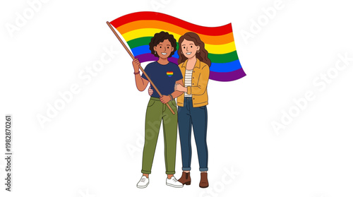 Two Women Holding Rainbow Flag.