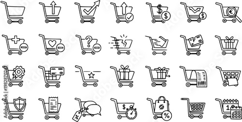 E-commerce Shopping Cart Line Art Icons Set for Online Retail and Delivery. Outline Symbols for Purchase, Payment, and Digital Store Concepts.