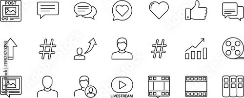Modern social media line icon set with communication, user profiles, engagement symbols, analytics, livestream, and digital interface elements