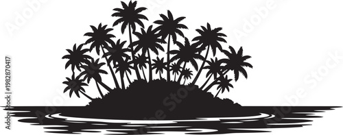Black Silhouette of Tropical Island with Palm Trees