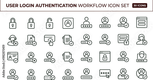 User login authentication workflow outline icon set account access verification secure credential validation identity login interface vector symbols