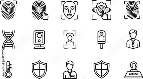 Biometric security and health verification line icons set for digital access and medical safety