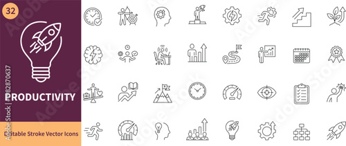 Productivity and Digital Workflow Line Icons Set. Professional Business Management, Time Tracking, and Marketing Strategy Vector Symbols. 32 Minimalist Outline Icons for Web, App UI and Corporate Pres