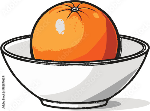 A single fresh orange sitting in a white ceramic bowl