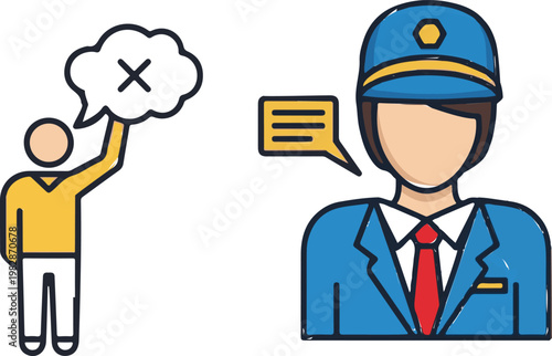 A person asking a question with a cross symbol and a professional pilot in uniform speaking together