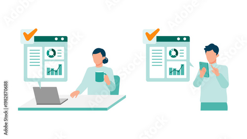 Couple sharing household account book app on smartphone and laptop dashboard for real time financial tracking and family budget synchronization through digital workflow optimization