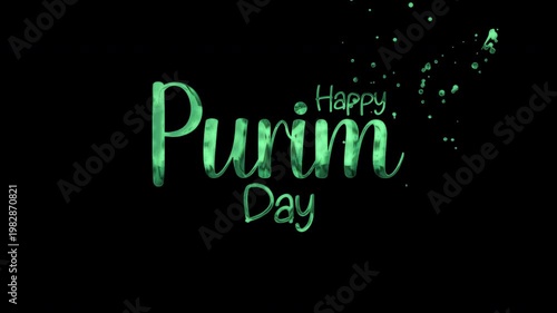 Happy purim day in shimmering green text. Suitable for purim holiday greetings, social media posts, and invitations.
