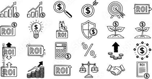 Hand-drawn Black and White Line Art Business Finance Icons Set featuring ROI, Investment, Growth, and Money Concepts