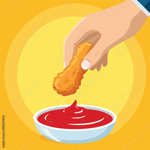 Hand dipping crispy chicken nugget into red sauce against a vibrant yellow background