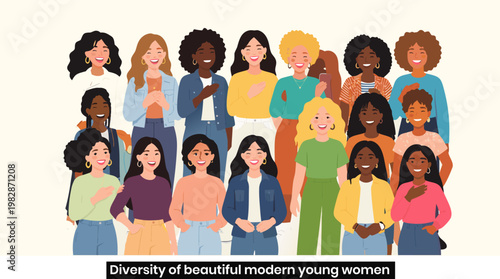 Diversity of Different beautiful modern young women flat vector illustration 
