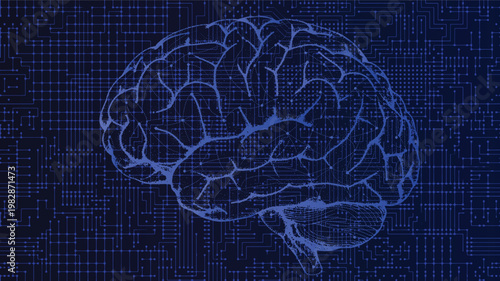 Brain Digital Concept Illustration on Blue Circuit Board - AI, technology, neuroscience, cognitive, intelligence