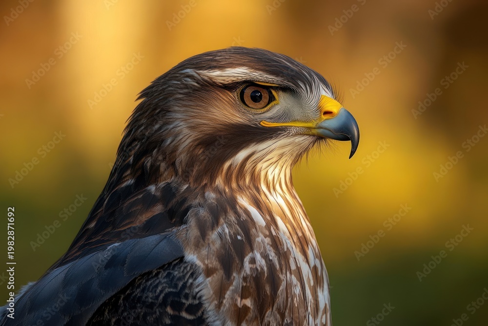 Fototapeta premium Close-up profile of a brown hawk with a sharp hooked beak and piercing eye, detailed mottled feathers against a warm golden blurred background, alert and regal